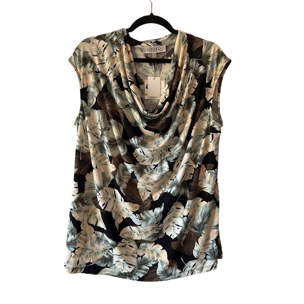 NWT Kasper Woman Cowl Top in Balck Seaglass Tropical, 1X